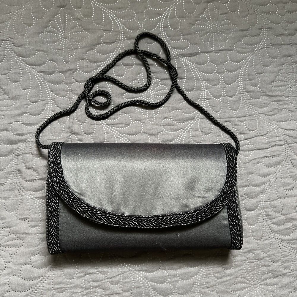 Vintage Hand Made Black Satin Beaded Edge Evening Shoulder Bag Clutch Rope Strap